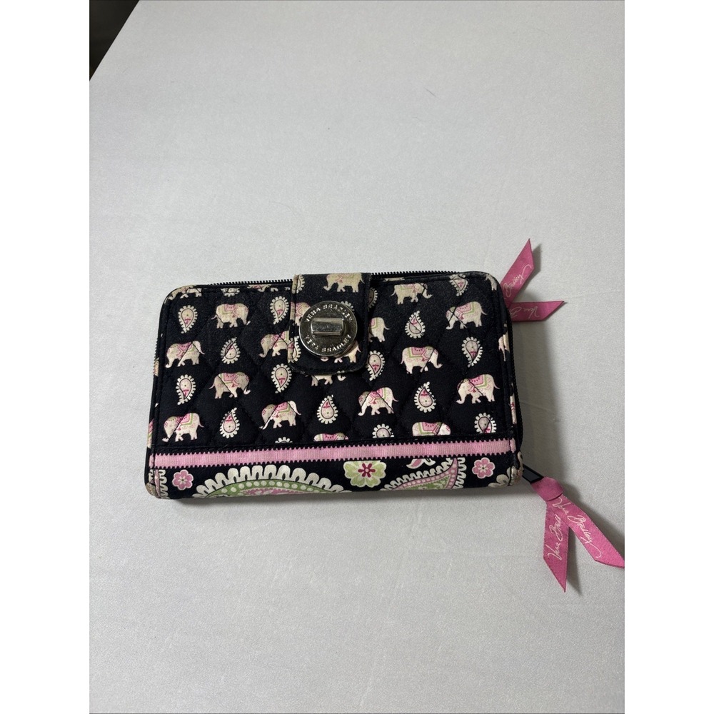 Vera Bradley Black Pink Elephant Print Zip Wallet